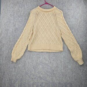 American Eagle Womens Cable Knit Cream Sweater M Cotton Blend Diamond Pattern